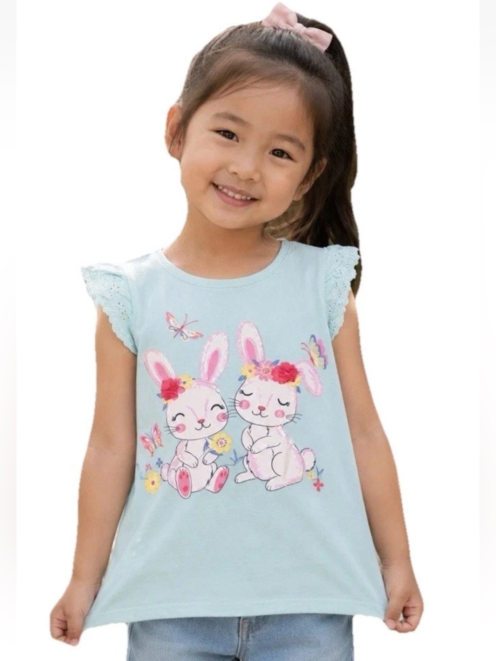 Isaac Mizrahi Girls M (7/8) Sequin Embellished Bunny T Shirt 3-D Flowers Ruffle